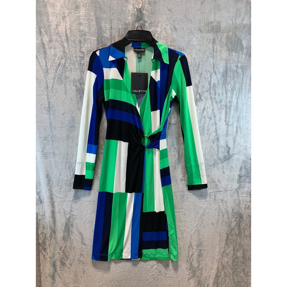 Halston Womens Geometric Colorblock Wrap Mini Dress Green Blue Black 2 HD4KXBAO